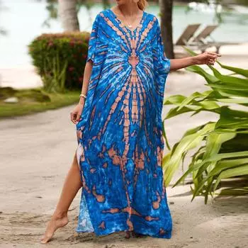 Женское платье-кафтан в стиле бохо большого размера с контрастным принтом свободного кроя Vacay Beach One Size