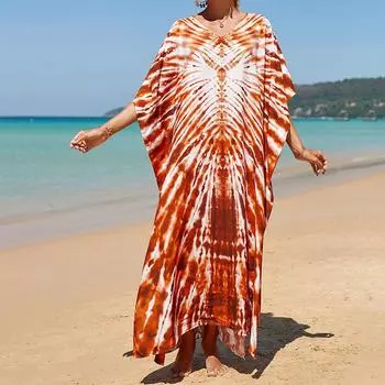 Женское платье-кафтан в стиле бохо большого размера с контрастным принтом свободного кроя Vacay Beach One Size