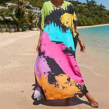 Женское платье-кафтан в стиле бохо большого размера с контрастным принтом свободного кроя Vacay Beach One Size