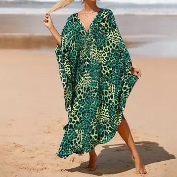 Женское платье-кафтан в стиле бохо большого размера с контрастным принтом свободного кроя Vacay Beach One Size