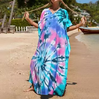 Женское платье-кафтан в стиле бохо большого размера с контрастным принтом свободного кроя Vacay Beach One Size