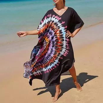 Женское платье-кафтан в стиле бохо большого размера с контрастным принтом свободного кроя Vacay Beach One Size