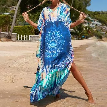 Женское платье-кафтан в стиле бохо большого размера с контрастным принтом свободного кроя Vacay Beach One Size