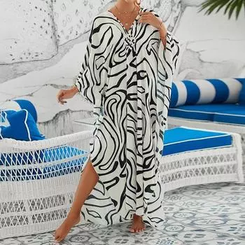 Женское платье-кафтан в стиле бохо большого размера с контрастным принтом свободного кроя Vacay Beach One Size