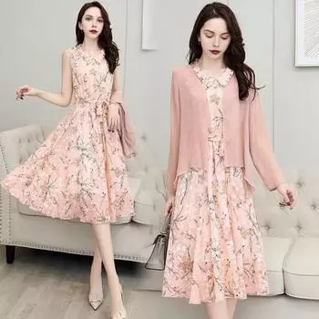 Женское платье-кардиган из 2 предметов с цветочным принтом, воротником-стойкой, шнуровкой, приталенным силуэтом, без рукавов, миди-платье, прозрачное, из тонкого неровного шифона XL синий