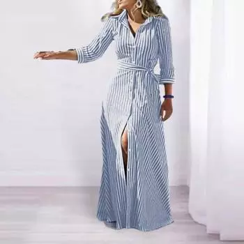 Женское платье-кардиган из хлопка и льна в полоску с рукавами 3/4 и поясом, повседневное стильное однобортное дизайнерское платье Lady Supply M синий