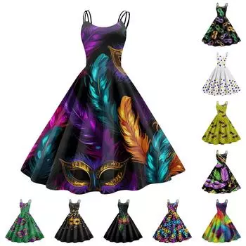 Женское платье, карнавальный принт, сексуальные подтяжки, большой дисплей, ретро-платье XL синий