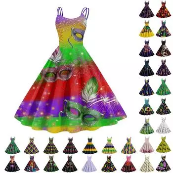 Женское платье, карнавальный принт, сексуальные подтяжки, большой дисплей, ретро-платье M циан