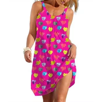 Женское платье-комбинация А-силуэта, повседневная одежда с цветным рисунком в виде сердца, женская повседневная одежда, распродажа, женские свободные мягкие платья для женщин S