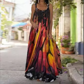 Женское платье-комбинация Длинное платье макси Красное платье с принтом перьев Весна и лето с V-образным вырезом Для отдыха и отпуска XS красный