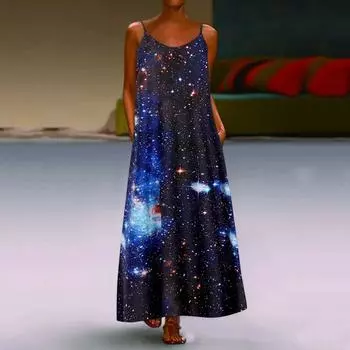 Женское платье-комбинация Длинное платье макси Платье с принтом небесной розы Весна и лето с V-образным вырезом Для отдыха и отпуска XS красный