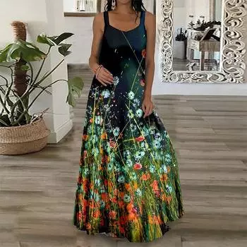 Женское платье-комбинация Длинное платье макси Синее платье с граффити и цветами Весна и лето с v-образным вырезом Для отдыха и отпуска XL светло-синий