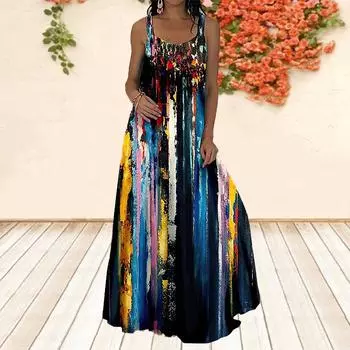 Женское платье-комбинация Длинное платье макси Синее платье с принтом граффити Весна и лето с v-образным вырезом Для отдыха и отпуска XS синий