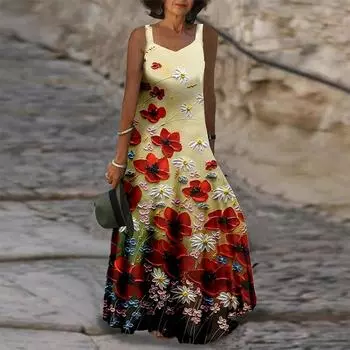 Женское платье-комбинация Длинное платье макси Красное платье с принтом резных цветов Весна и лето с V-образным вырезом Для отдыха и отпуска XS красный