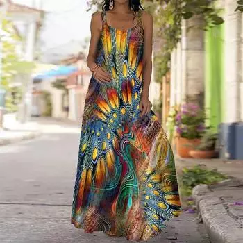 Женское платье-комбинация Длинное платье макси Разноцветное платье с принтом павлина Весна и лето с v-образным вырезом Для отдыха и отпуска XS золотой