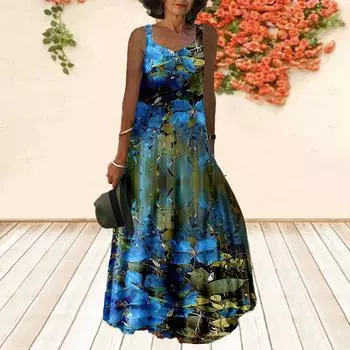 Женское платье-комбинация Длинное платье макси Фиолетовое платье с принтом бабочки Весна и лето с v-образным вырезом Для отдыха и отпуска XS синий