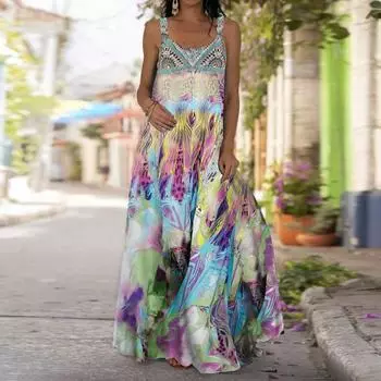 Женское платье-комбинация Длинное платье макси Фиолетовое платье с принтом из павлиньих перьев Весна и лето с v-образным вырезом для отдыха и отпуска XS фиолетовый
