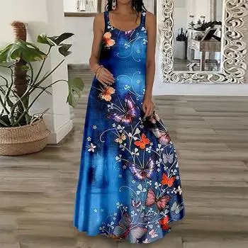 Женское платье-комбинация Длинное платье макси Синее изогнутое платье с принтом бабочки Весна и лето с v-образным вырезом Для отдыха и отпуска XS синий