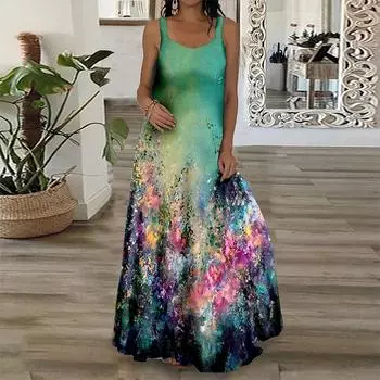 Женское платье-комбинация Длинное платье макси Платье с зеленым цветком и морским принтом Весна и лето с v-образным вырезом Для отдыха и отпуска XS зелёный