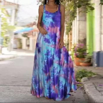 Женское платье-комбинация Длинное платье макси Фиолетовые облака Платье с принтом Весна и лето с v-образным вырезом Для отдыха и отпуска XS фиолетовый