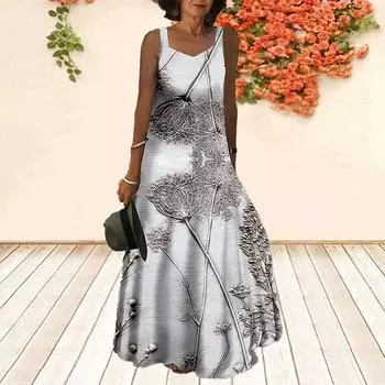 Женское платье-комбинация Длинное платье макси Платье с принтом одуванчика Весна и лето с V-образным вырезом Для отдыха и отпуска XS зелёный