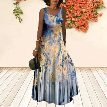 Женское платье-комбинация Длинное платье макси Платье с золотыми цветами и принтом Весна и лето с v-образным вырезом Для отдыха и отпуска XS синий