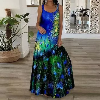 Женское платье-комбинация Длинное платье макси Платье с принтом синего цветка и звездного неба Весна и лето с v-образным вырезом Для отдыха и отпуска XS синий