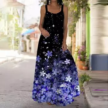 Женское платье-комбинация Длинное платье макси Розовое платье с принтом цветов персика Весна и лето с v-образным вырезом Для отдыха и отпуска XS синий