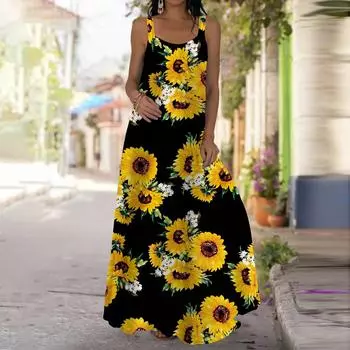 Женское платье-комбинация Длинное платье макси Белое платье с принтом хризантем Весна и лето Досуг XS зелёный