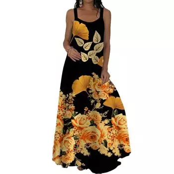 Женское платье-комбинация Длинное платье макси Платье с принтом желтых роз Весна и лето Для отдыха и отпуска XS синий