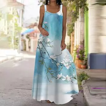 Женское платье-комбинация Длинное платье макси Синее платье с принтом цветов груши Весна и лето Для отдыха и отпуска XS синий