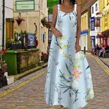 Женское платье-комбинация Длинное платье синего цвета Элегантное платье с цветочным принтом Весна и лето Для отдыха и отпуска XS синий