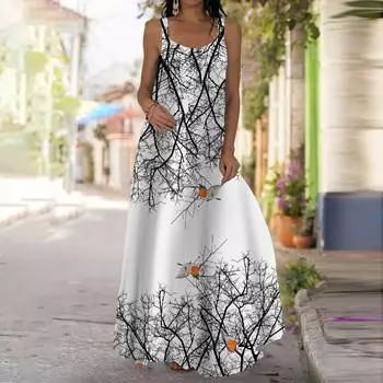 Женское платье-комбинация Длинное платье макси Черное платье с принтом одуванчика Весна и лето Для отдыха и отпуска XS синий