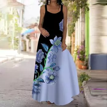 Женское платье-комбинация Длинное платье макси Розовое платье с принтом рододендрона Весна и лето Для отдыха и отпуска XS красный