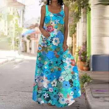 Женское платье-комбинация Длинное платье макси Розовое платье с принтом хрустальных цветов и цветов Весна и лето Для отдыха и отпуска XS синий
