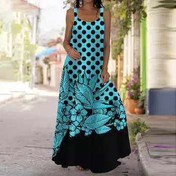 Женское платье-комбинация Длинное платье макси Платье с принтом синих листьев в горошек Весна и лето Для отдыха и отпуска XS синий