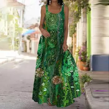 Женское платье-комбинация Длинное платье макси Зеленое платье с принтом изогнутых листьев Весна и лето Для отдыха и отпуска XS красный