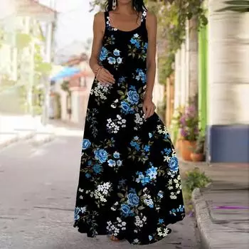 Женское платье-комбинация Длинное платье макси Платье с принтом красных роз Весна и лето Для отдыха и отпуска XS красный