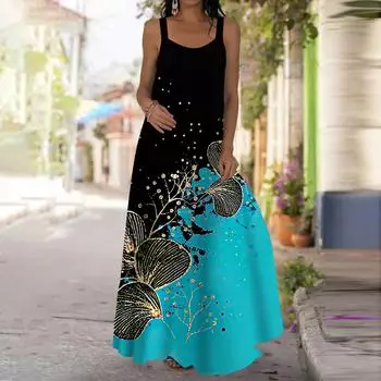 Женское платье-комбинация Длинное платье макси Платье с принтом розово-красных цветов Весна и лето Для отдыха и отпуска XS синий