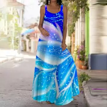 Женское платье-комбинация Длинное платье макси Платье с принтом флуоресцентных листьев Весна и лето с v-образным вырезом Для отдыха и отпуска XS синий