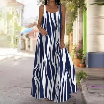 Женское платье-комбинация Длинное платье макси Платье в синюю полоску с принтом Весна и лето с V-образным вырезом Для отдыха и отпуска XS синий
