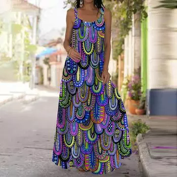Женское платье-комбинация Длинное платье макси Цветное платье с принтом сталактитов Весна и лето с v-образным вырезом Для отдыха и отпуска XS фиолетовый