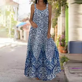 Женское платье-комбинация Длинное платье с острым узором Платье с принтом Весна и лето с V-образным вырезом Для отдыха и отпуска XS синий