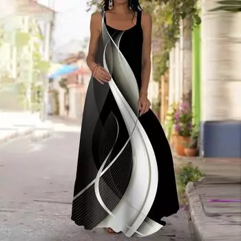 Женское платье-комбинация Длинное платье макси Трехцветное платье с ослепительным изображением и принтом Весна и лето с v-образным вырезом для отдыха и отпуска XS белый
