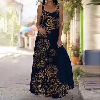 Женское платье-комбинация Длинное платье макси Платье с золотыми цветами и принтом Весна и лето с v-образным вырезом Для отдыха и отпуска XS золотой