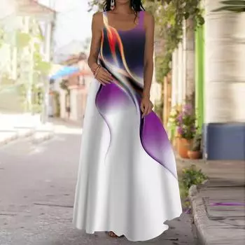 Женское платье-комбинация Длинное платье макси Красочное платье с принтом «Аврора» Весна и лето с V-образным вырезом Для отдыха и отпуска XS синий