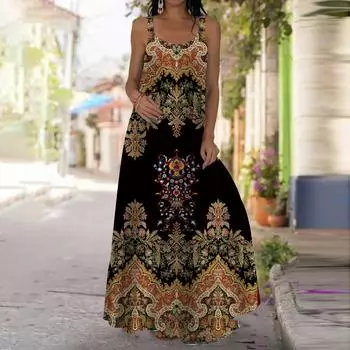 Женское платье-комбинация, длинное платье макси, платье с принтом и сложными узорами, весна и лето, V-образный вырез, для отдыха и отпуска XS разноцветный