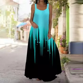 Женское платье-комбинация, длинное платье макси, синее платье с принтом «Аврора», весна и лето, V-образный вырез, для отдыха и отпуска XS синий