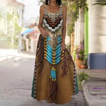 Женское платье-комбинация, длинное платье макси, варварская одежда, принтованное платье, весна и лето, V-образный вырез, для отдыха и отпуска XS золотой