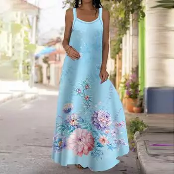Женское платье-комбинация Длинное платье макси Розовое платье с принтом цветов сливы Весна и лето Для отдыха и отпуска XS синий